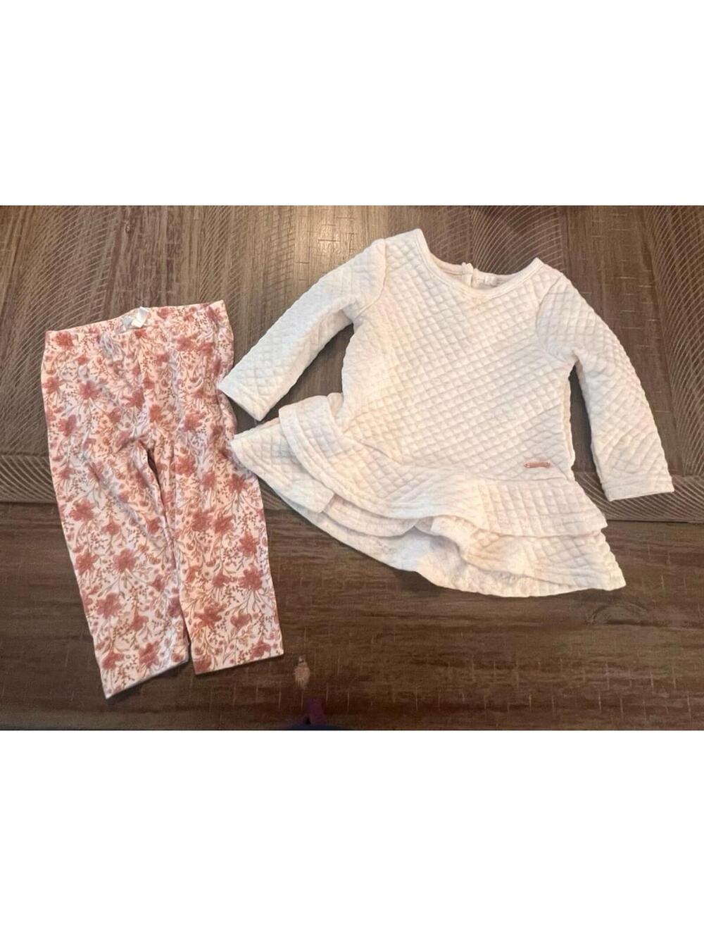 Tahari Baby Girl Quilted Long Sleeve Ruffle Top with Floral Leggings Set 12M